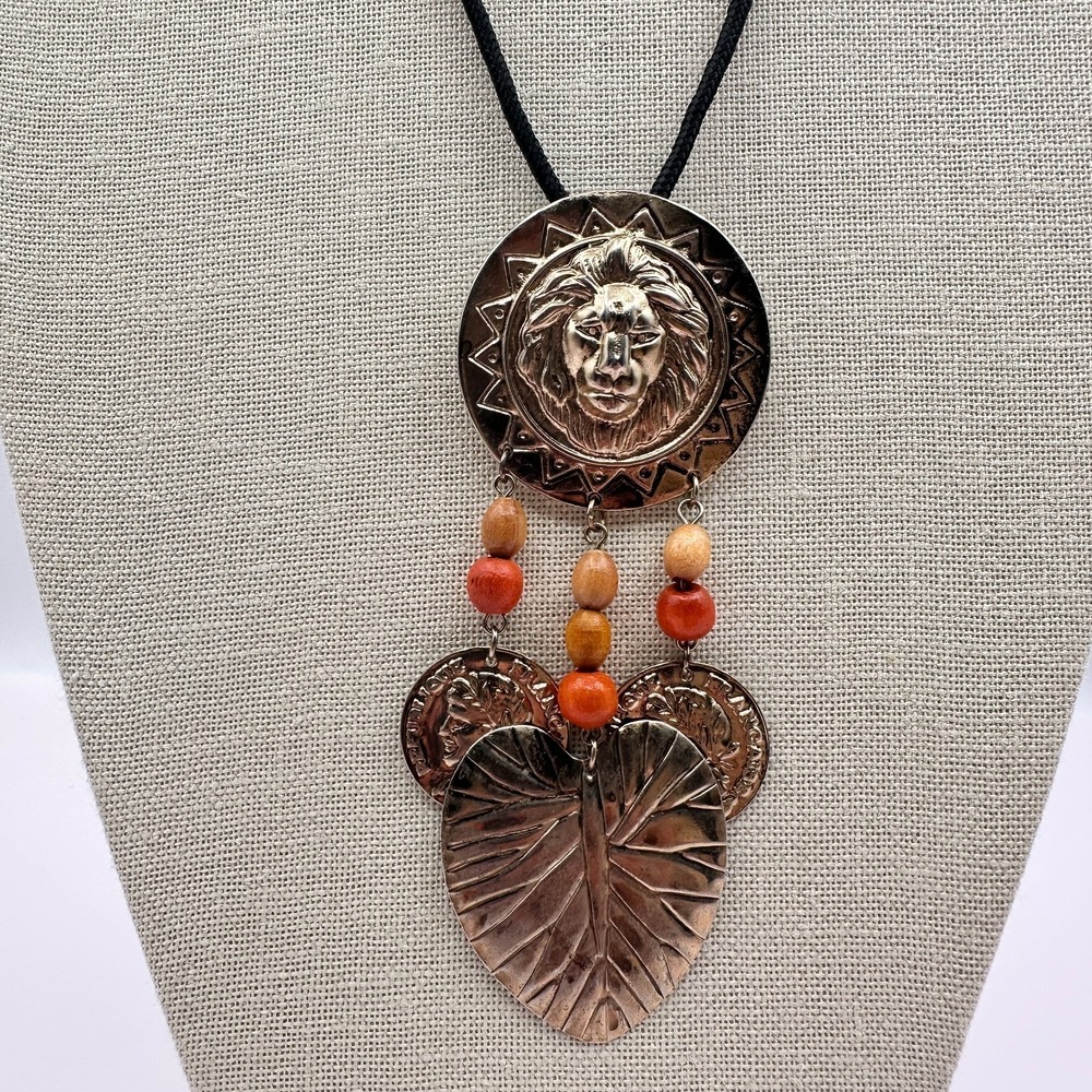 Vintage Copper Lion Head Coin Pendant Necklace with Wooden Beads Boho